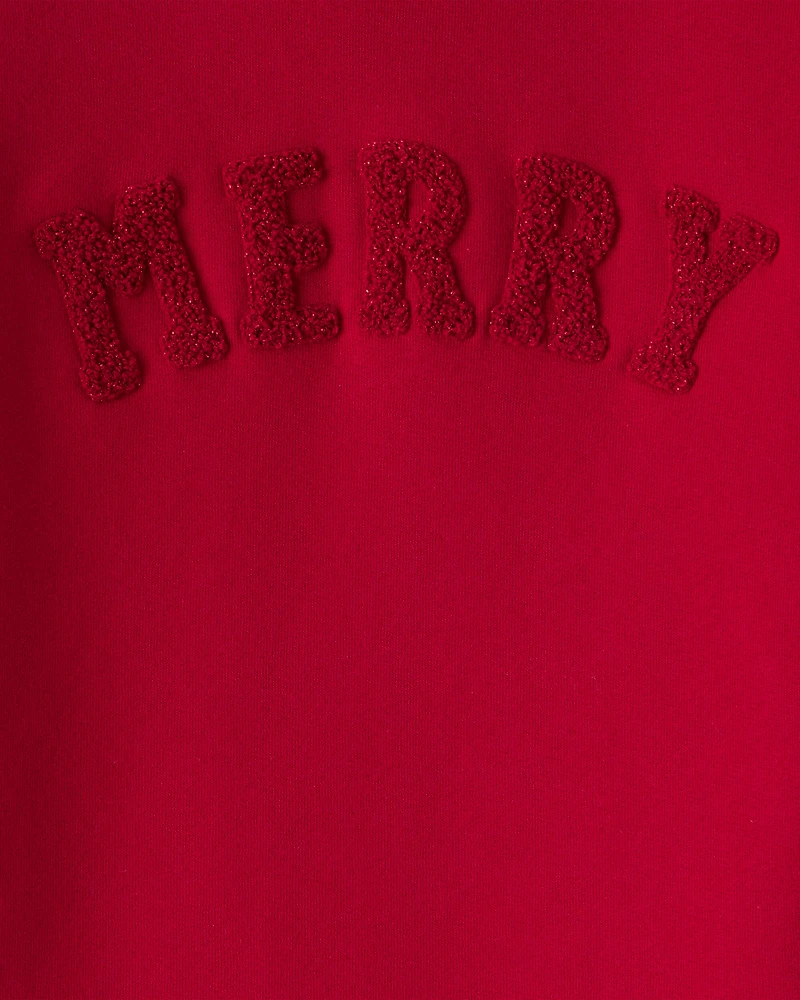 Girls Christmas Merry Long-Sleeve Pullover Sweatshirt - Red