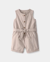 Baby Girl Solid Canvas Sleeveless Romper - Beige
