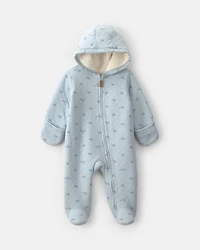 Baby Boy Train Teddy Fleece Long-Sleeve Jumpsuit - Blue
