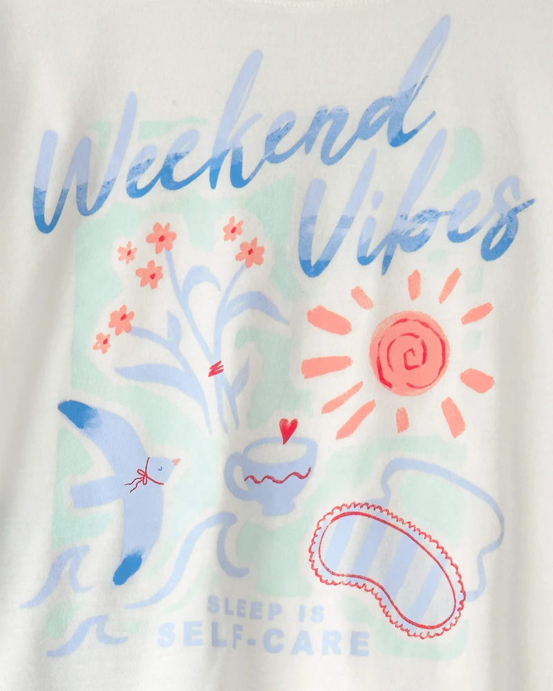 Girls 'Weekend Vibes' Striped Loose Fit 2-Piece Pajama Set - Blue/Ivory