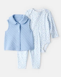 Baby Girl 3-Piece Floral Vest Outfit Set - Blue