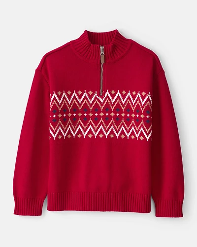 Boys Fair Isle Cotton Quarter-Zip Long-Sleeve Sweater - Red
