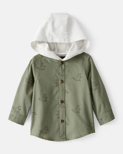 Baby Boy Racoon Print Cotton Long-Sleeve Hooded Button-Down Shirt - Green