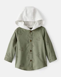 Baby Boy Racoon Print Cotton Long-Sleeve Hooded Button-Down Shirt - Green