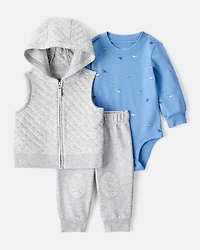 Baby Boy 3-Piece Helicopter Print Long-Sleeve Tee & Pant Set - Grey