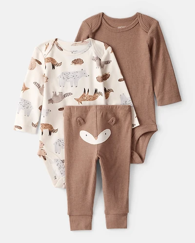 Baby Boy 3-Piece Fox Print Long-Sleeve Bodysuits & Pant Set - White/Brown