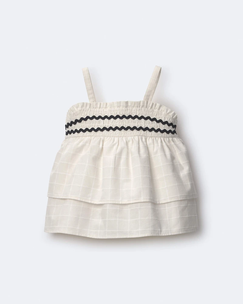 Toddler Girl Smocked Ric-Rac Tiered Top - Cream