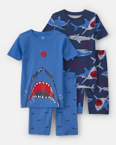 Boys Shark 100% Cotton Short-Sleeve Snug Fit 4-Piece pyjama Set - Blue