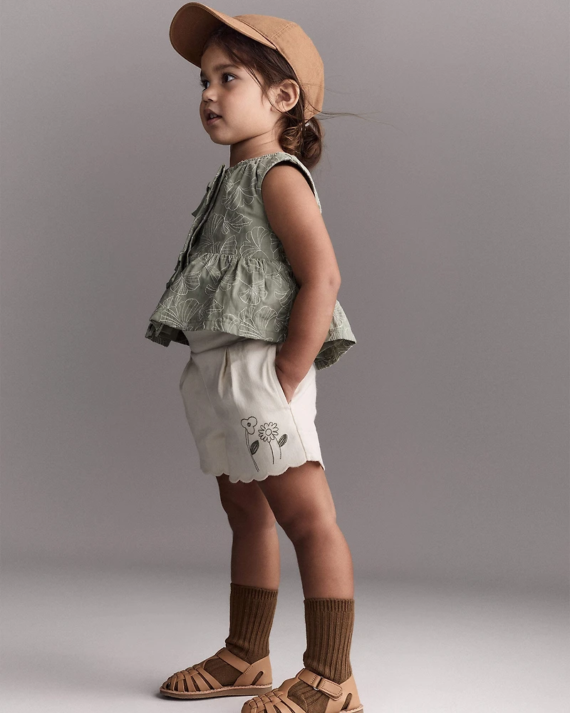 Toddler Girl Floral Scalloped Short - Cream
