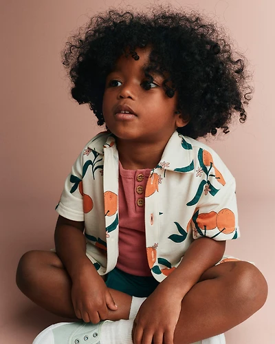 Toddler Boy Button-Down Short-Sleeve Shirt Clementine Grove Print - Cream