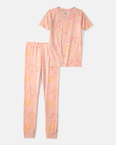 Girls Easter Bunny 100% Cotton Snug Fit 2-Piece Pyjama Set - Pink