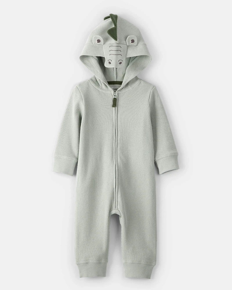 Baby Boy Alligator Thermal Long-Sleeve Hooded Jumpsuit - Green