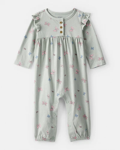 Baby Girl Butterfly Ruffle Cotton Long-Sleeve Jumpsuit - Green
