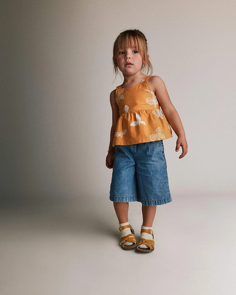 Toddler Girl Peplum Tank Top Plant Print - Mustard Yellow
