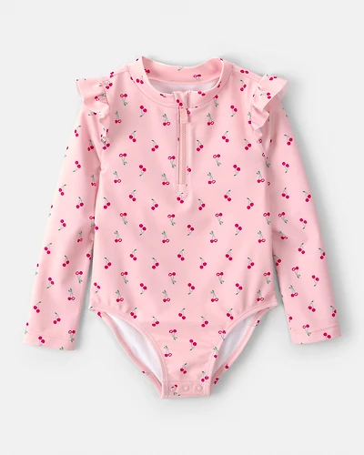 Toddler Girl Cherry Long-Sleeve 1-Piece Rashguard Swimsuit - Pink