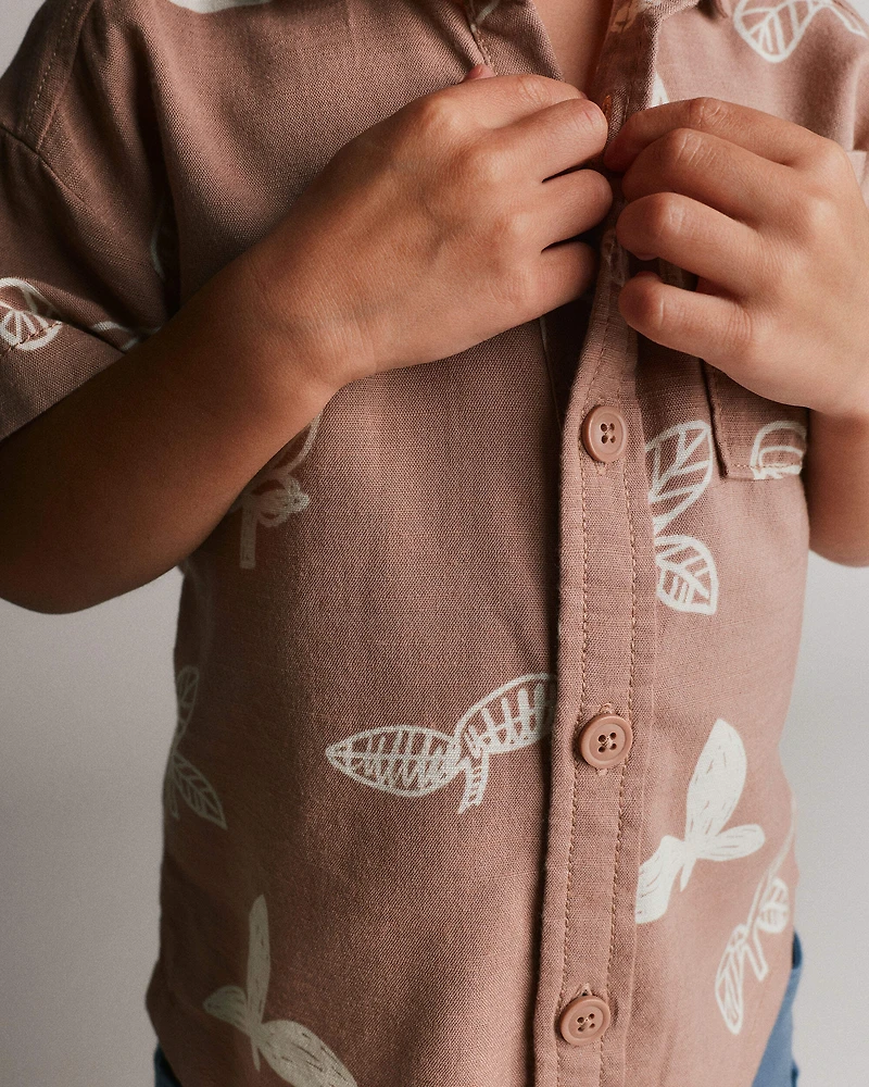 Toddler Boy Button-Down Short-Sleeve Shirt Plant Print - Brown