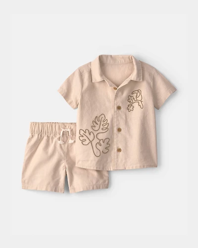 Baby Boy 2-Piece Toucan Embroidered Top & Short Set - Khaki