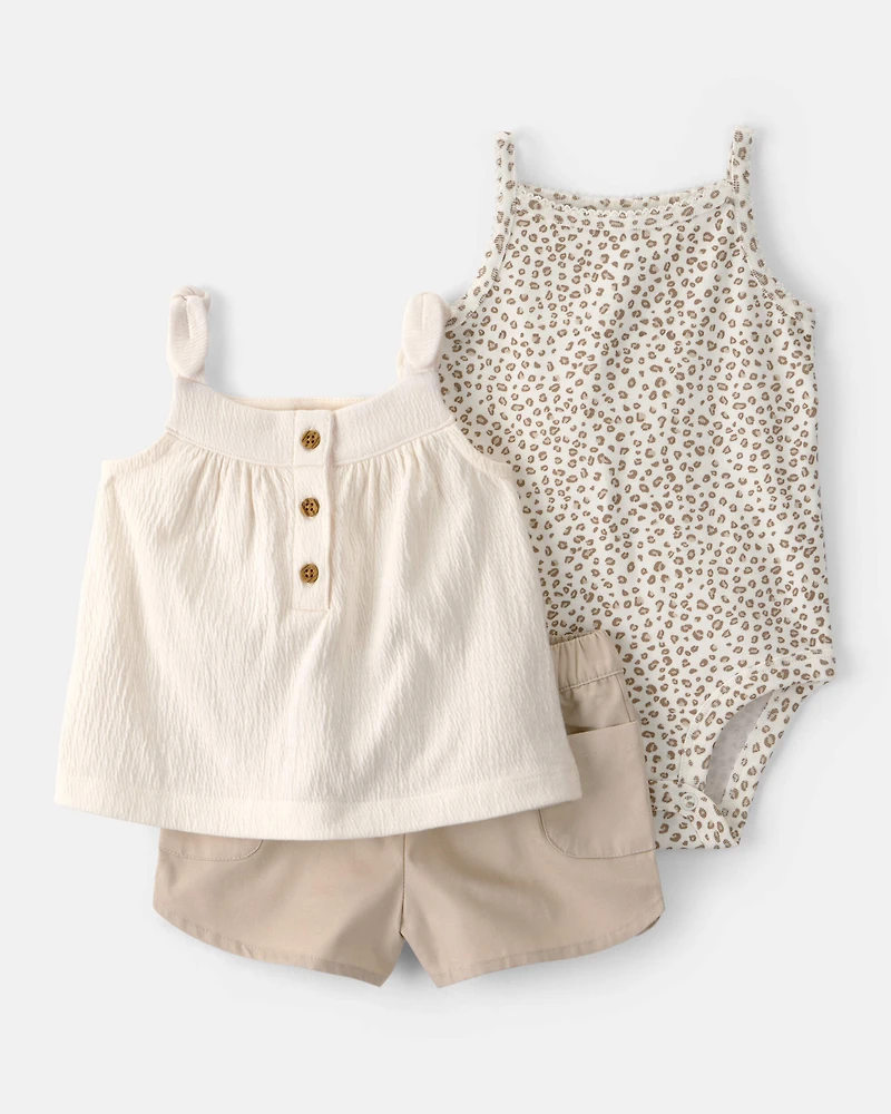 Baby Girl 3-Piece Cheetah Solid Top & Short Set - Brown