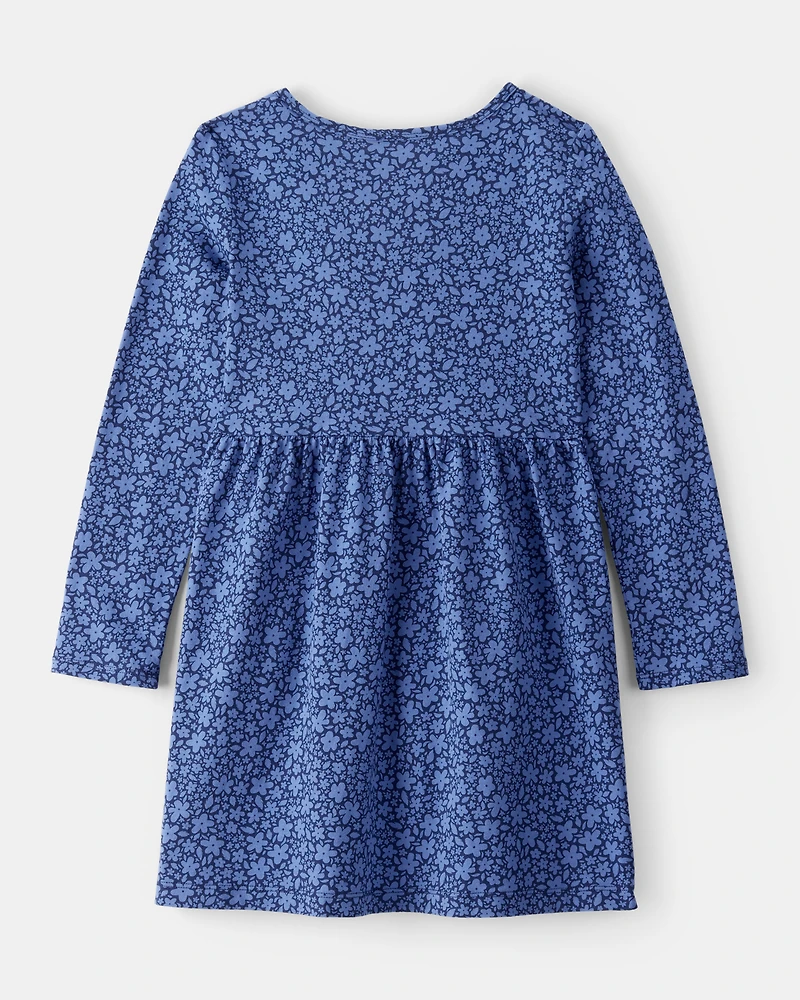 Girls Floral Print Long Sleeve Cotton Dress - Blue