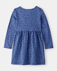 Girls Floral Print Long Sleeve Cotton Dress - Blue