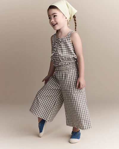 Toddler Girl Gingham Peplum Top with Bows - Cream/Grey