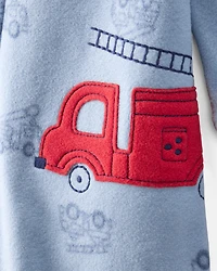 Toddler Boy Firetruck Print Loose Fit Long-Sleeve 2-Way Zip 1-Piece Pyjamas - Blue