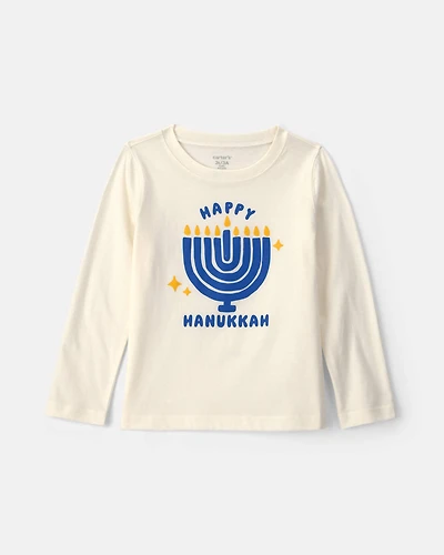 Toddler 'Happy Hanukkah' Menorah Long-Sleeve Graphic Tee - Cream/Blue/Gold