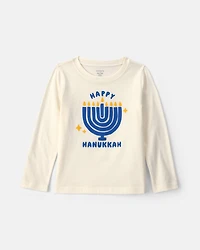 Toddler 'Happy Hanukkah' Menorah Long-Sleeve Graphic Tee - Cream/Blue/Gold