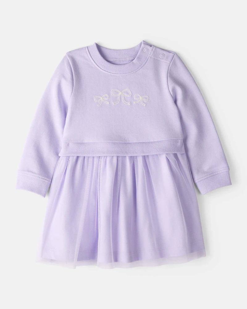 Baby Girl Bow Print Tulle Cotton Dress - Purple