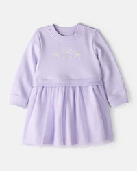 Baby Girl Bow Print Tulle Cotton Dress - Purple