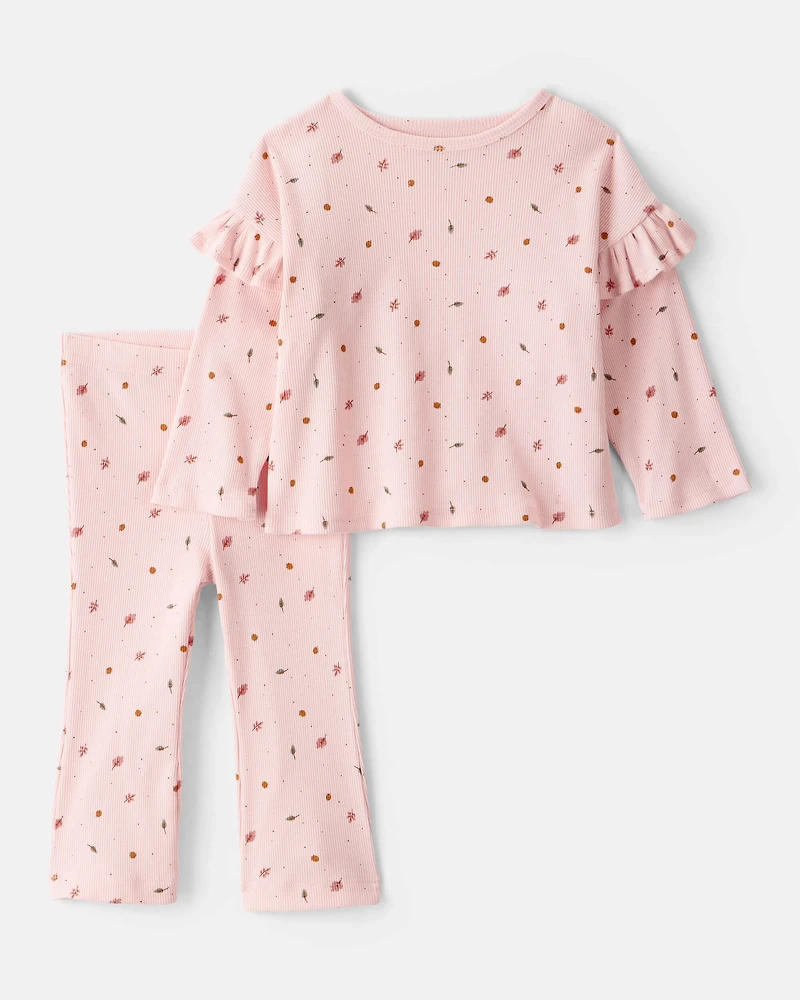 Baby Girl 2-Piece Leaf Print Cotton Long-Sleeve Tee & Pant Set - Pink