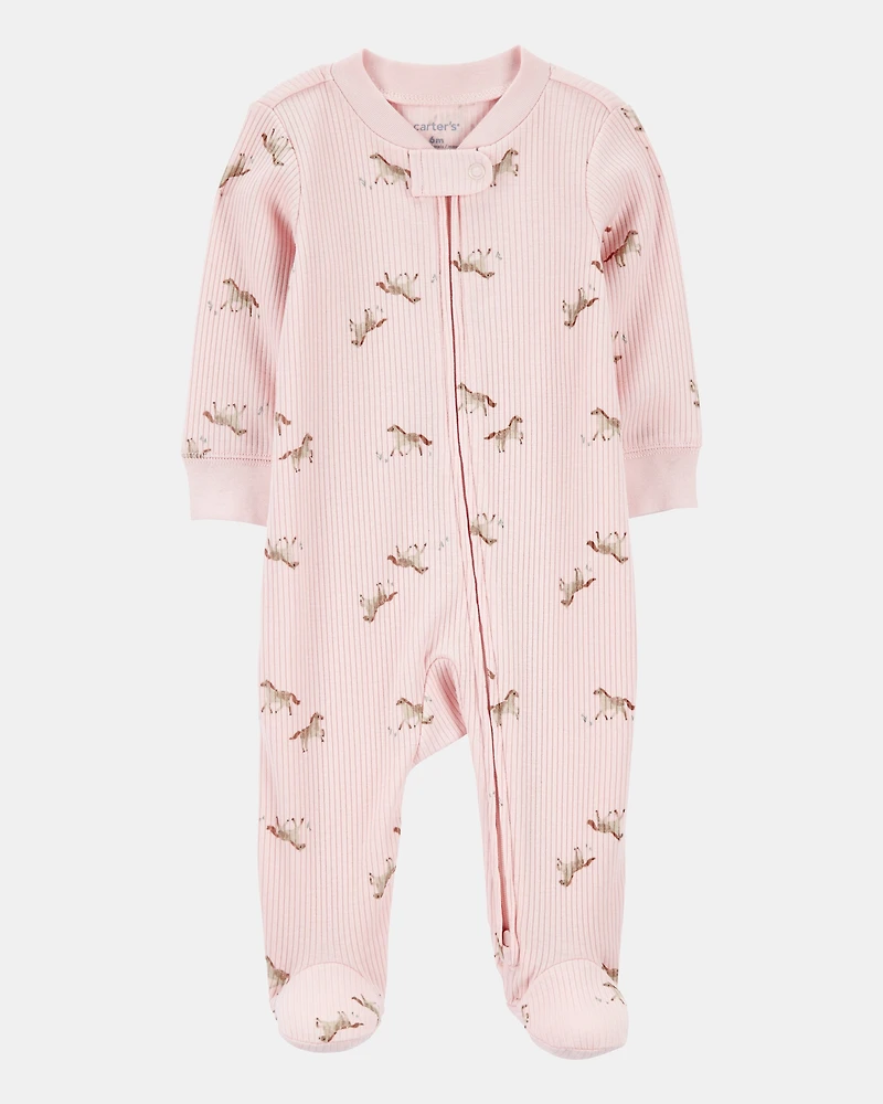 Baby Girl Horse Print 2-Way Zip Ribbed Sleeper pyjamas