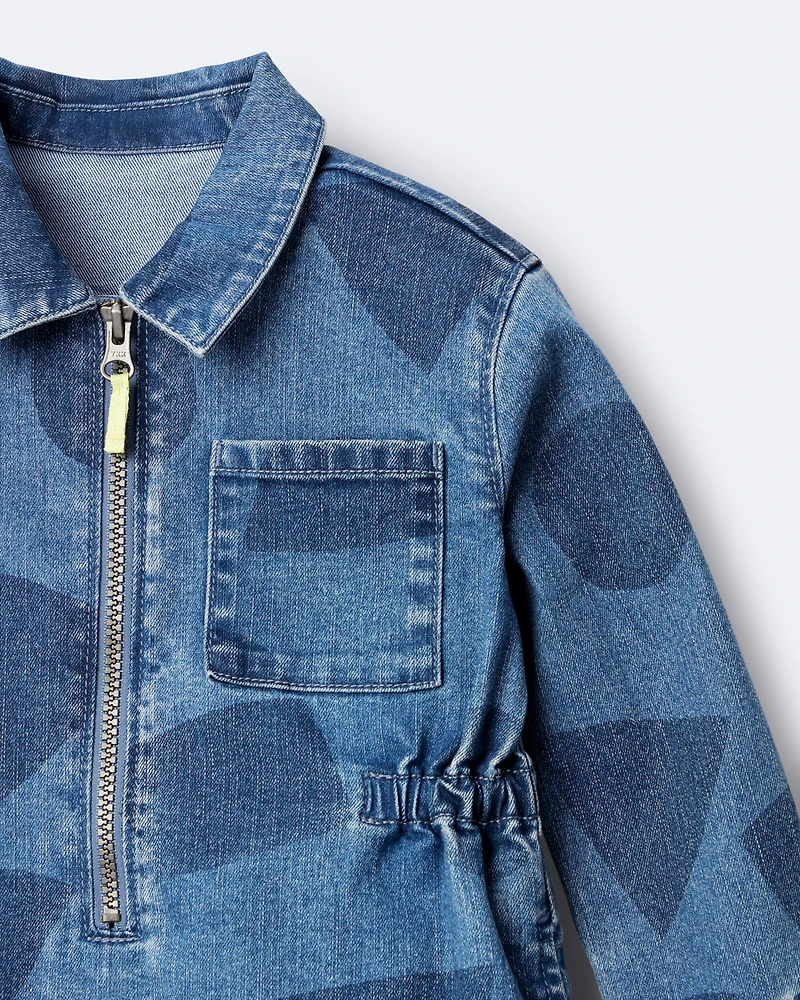 Toddler Girl Zip-Up Denim Shirt Dress with Shapes - Blue