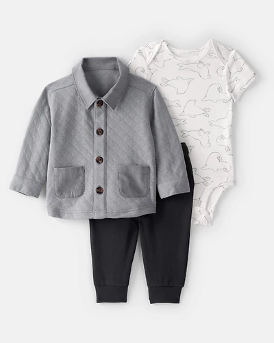 Baby Boy 3-Piece Quilted Button-Down Outfit Set - Grey/Black