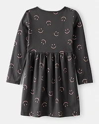 Girls Smile Print Long Sleeve Cotton Dress - Black