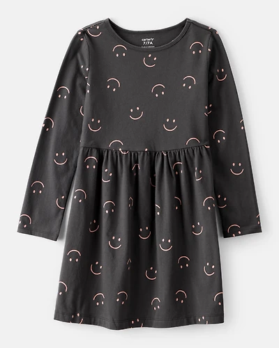 Girls Smile Print Long Sleeve Cotton Dress - Black