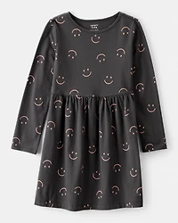 Girls Smile Print Long Sleeve Cotton Dress - Black