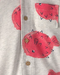 Baby Boy Pufferfish Short-Sleeve Button-Down Shirt - Grey/Red