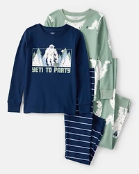 Boys Yeti Print 100% Cotton Long-Sleeve Snug Fit 4-Piece Pyjamas - Green/Navy