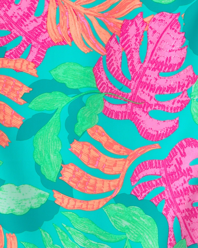 Girls Tropical Long-Sleeve 1-Piece Rashguard Swimsuit - Teal