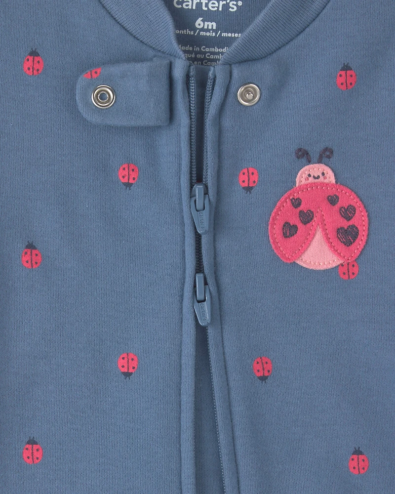 Baby Girl Ladybug 100% Cotton 2-Way Zip Sleeper - Blue