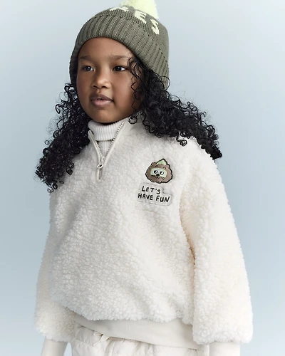 Toddler Let's Have Fun'  Sherpa Quarter-Zip Sweatshirt - Cream