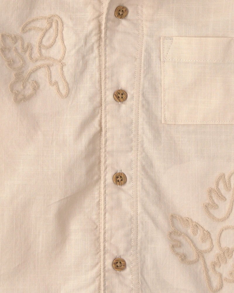 Toddler Boy Toucan Embroidered Short-Sleeve Button-Down Shirt - Khaki
