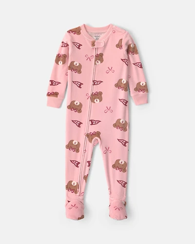 Toddler Girl 1-Piece Bears & Bows DreamPlush Snug Fit Footed Pyjama - Pink