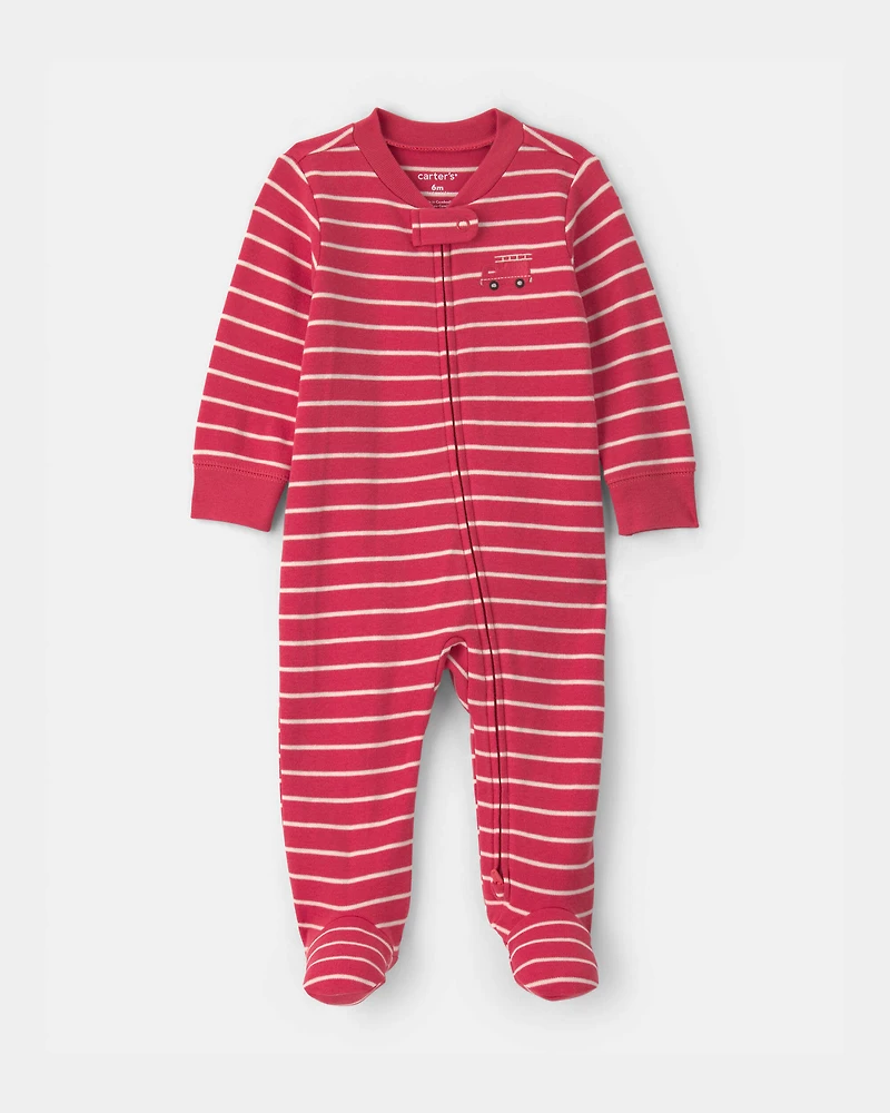 Baby Boy Firetruck Striped 100% Cotton 2-Way Zip Sleeper - Red