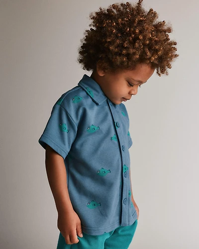 Toddler Boy Button-Down Short-Sleeve Shirt Fish Print - Slate