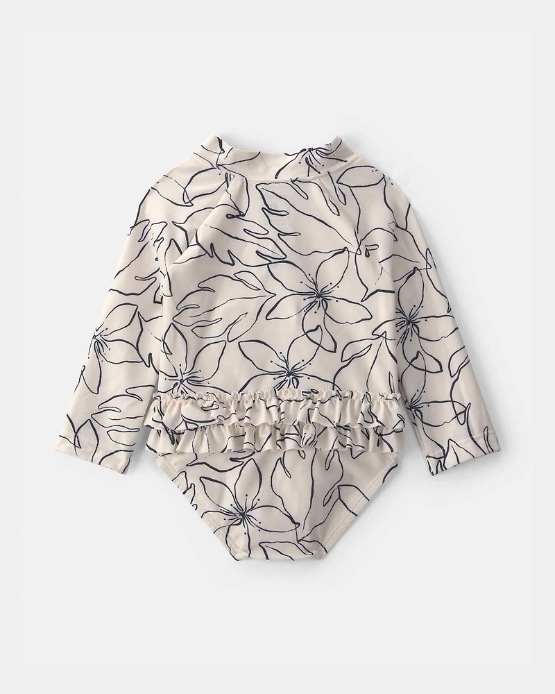 Baby Girl 2-Piece Long-Sleeve Rashguard Swimsuit & Hat Set - Black/Ivory