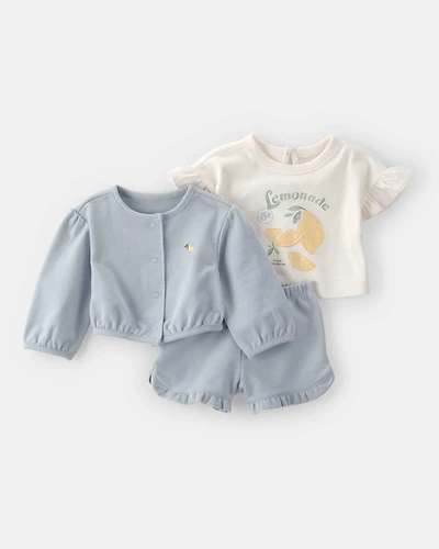 Baby Girl 3-Piece Flutter-Sleeve Top & Short Set - Blue