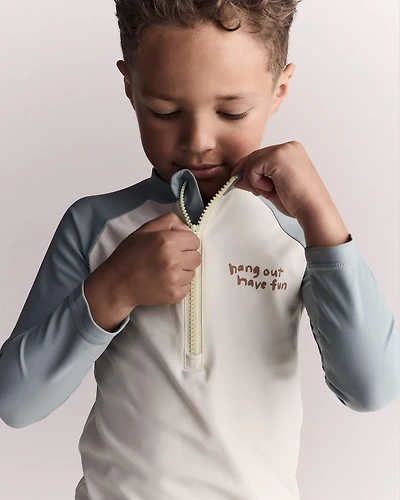 Toddler Boy Hang Out, Have Fun' Half-Zip Long-Sleeve Rashguard - Pale Blue/Cream