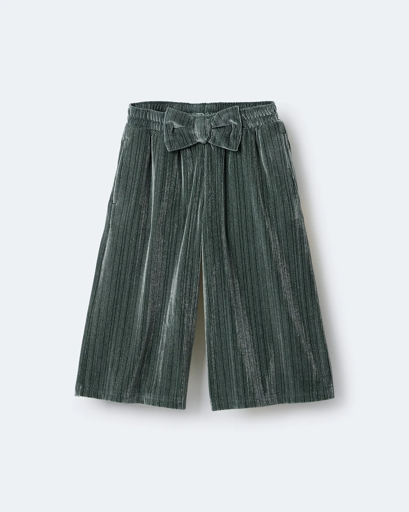 Toddler Girl Velvety Wide-Leg Pant with Bow - Dark Green
